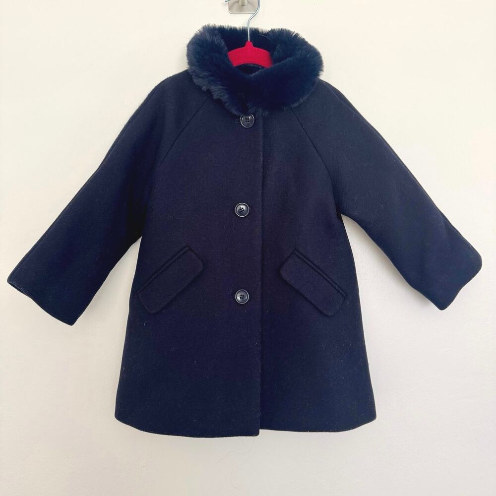 Jacadi Paris Girls Wool Blend Winter Coat with Faux Fur Collar in Blue